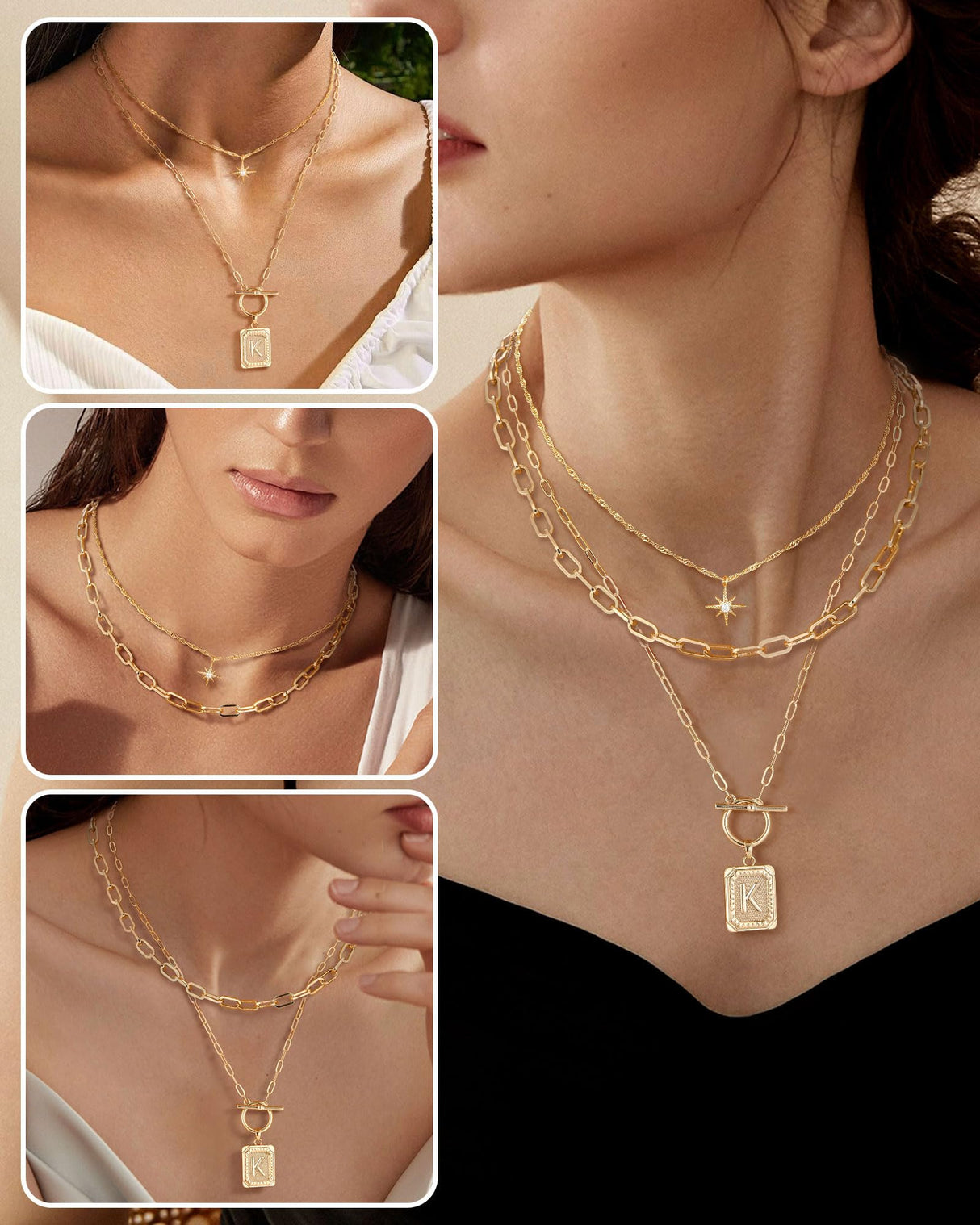 MJartoria Layered Initial Necklaces for Women Trendy, 14K Gold Plated Simple Star Choker Square Letter Pendant Necklace, Paperclip Chain Necklace, Gold Necklaces Jewelry Gifts (Gold, K)