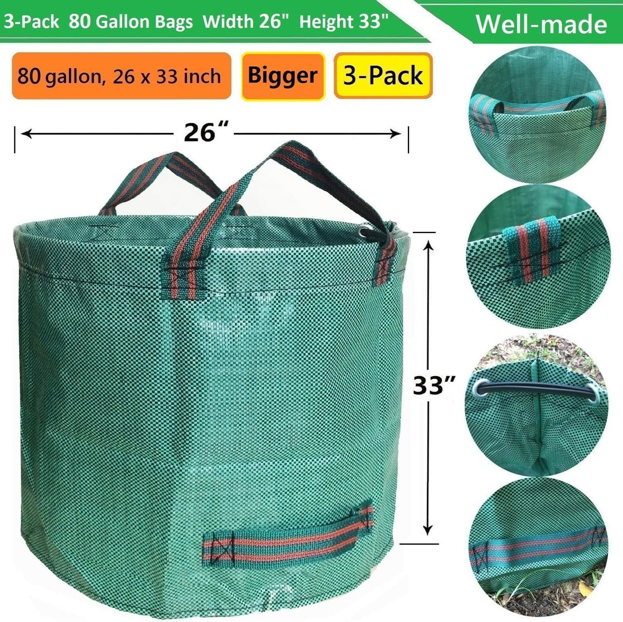 Professional 3-Pack 80 Gallon Lawn Garden Bags (D26, H33 inch) Reusable Yard Waste Bags with Gardening Gloves for Leaf Bag,Garden Pruning,Yard Debris Container,Lawn Grass Clippings,Weeds Bag 4 Handles