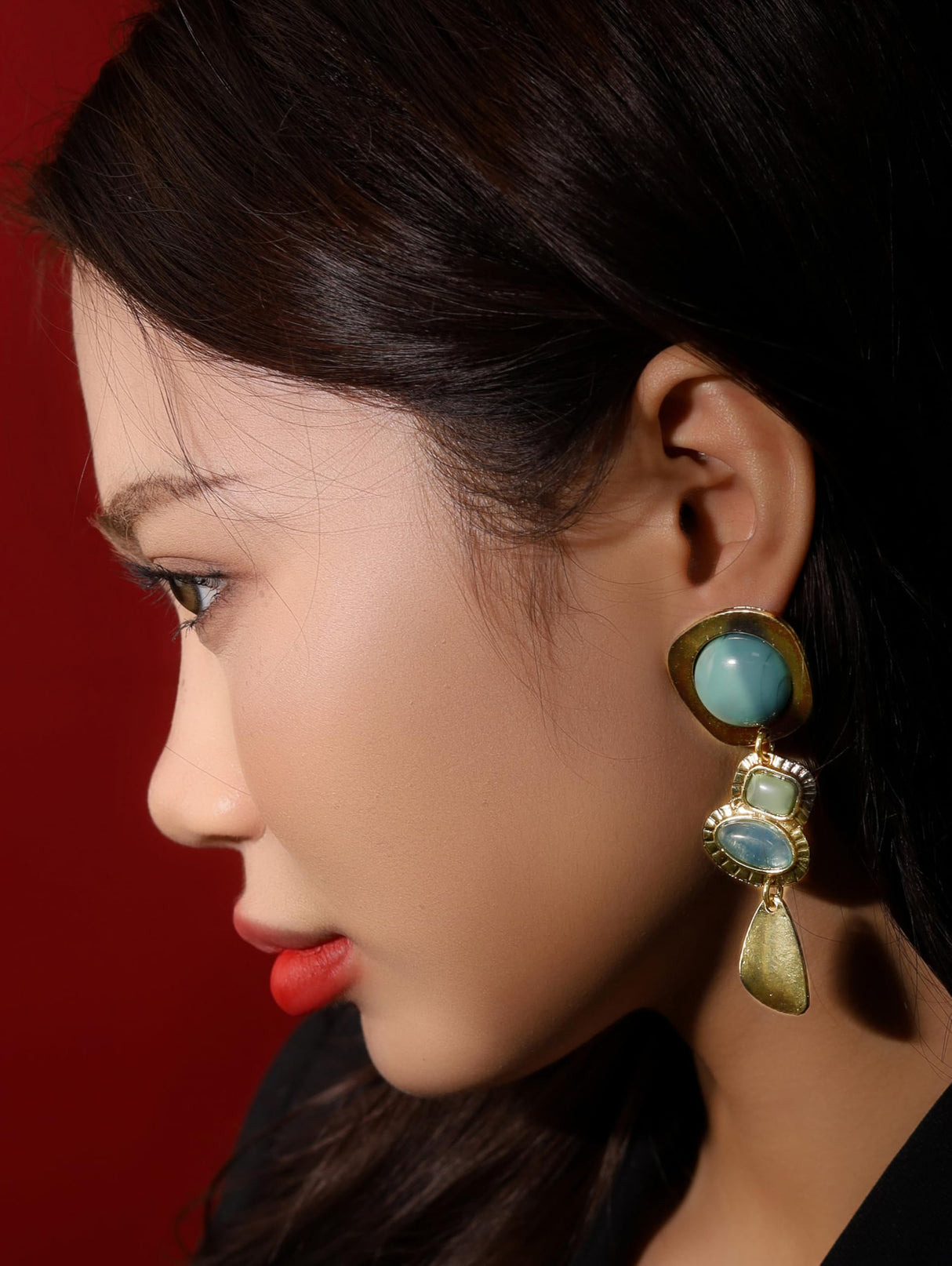 MINACHI Boho Teal Blue Color Block Gold-Tone Drop Earrings