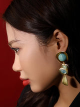 MINACHI Boho Teal Blue Color Block Gold-Tone Drop Earrings
