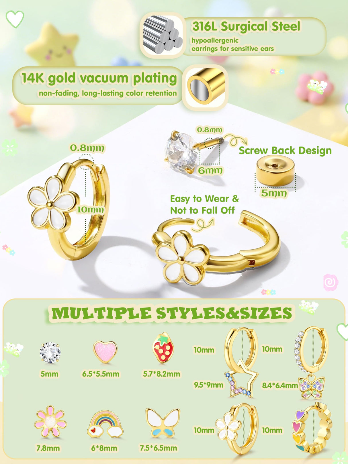 YADOCA Hypoallergenic Flat Back Earrings for Girls Women Surgical Steel