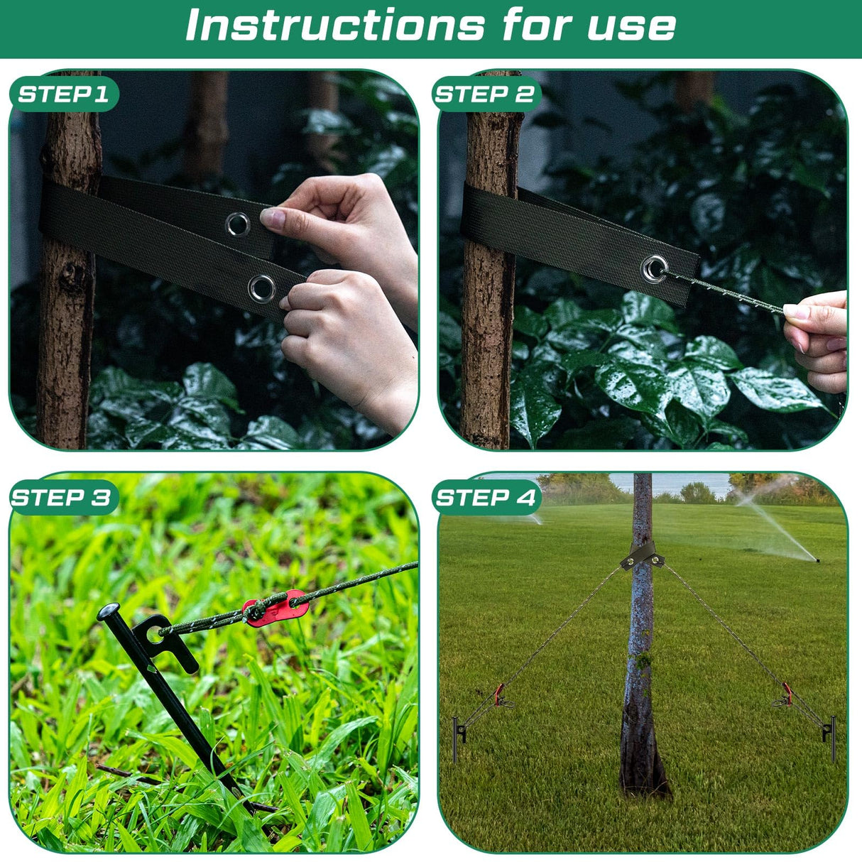 Sintuff 36 Pcs Heavy Duty Tree Stake Kits Stake and Support for Young Leaning Tree Anchor Straightening Kit, 15.8'' Support Straps, 11.8'' Steel Stakes, 13.12ft Rope Against Bad Weather(Army Green)