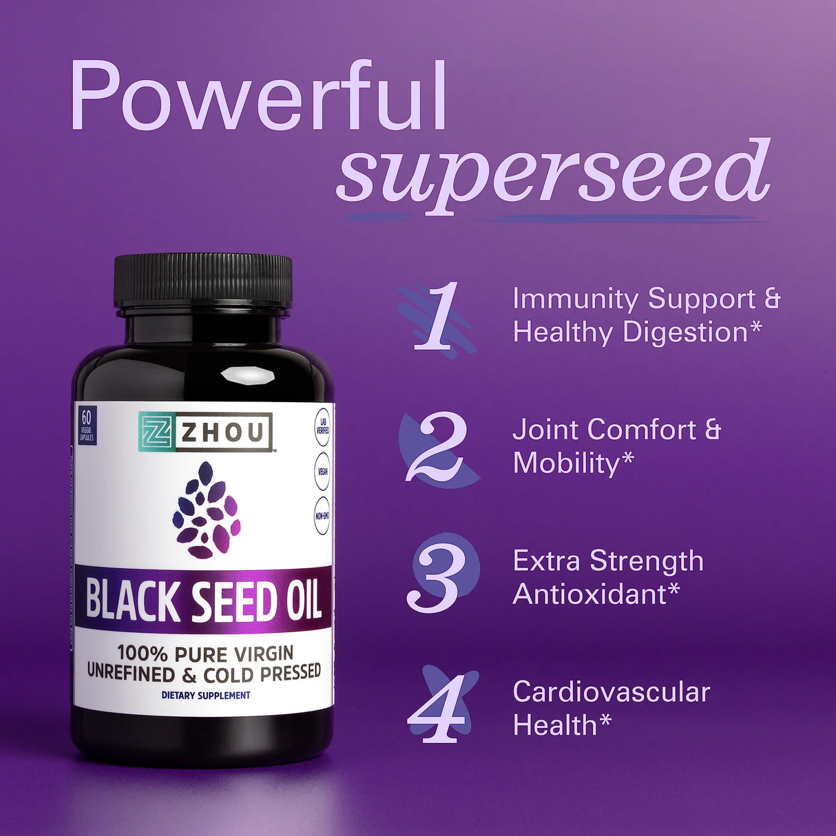 ZHOU Black Seed Oil Capsules - Black Cumin Seed Oil Cold Pressed, Nigella Sativa, Pure Unrefined Blackseed, Premium Supplement for Health, Hair & Skin w/Thymoquinone - 60 Capsules (Pack of 1)