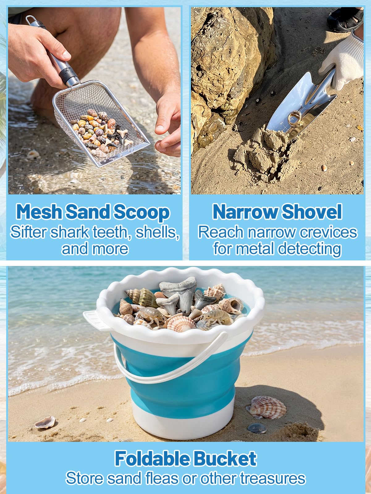 69in Effortless Sand Flea Rake Kit - Anti-Rust Stainless Steel Shark Tooth Sifter with The Narrow Shovel, Mesh Sand Scoop & Bucket, Sands Sifter Shelling Tools for Beach Metal Detecting Beachcombing