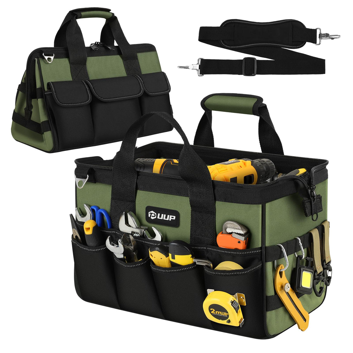 UUP Heavy Duty Tool Bag 15-Inch, 16-Pocket Portable Empty Tool Box Organizer, Big Storage Toolbox Organization, Soft Handle Large Zipper Carrying Toolbag, Father Day Gifts for Him Dad Men, Green