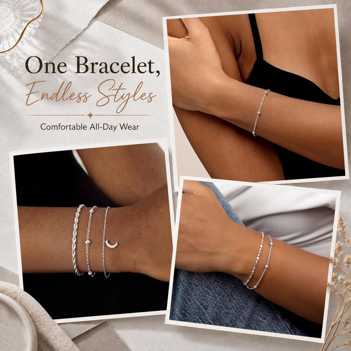 Carffordo 925 Sterling Silver Bracelets for Women, 3mm Bead Link Bracelet