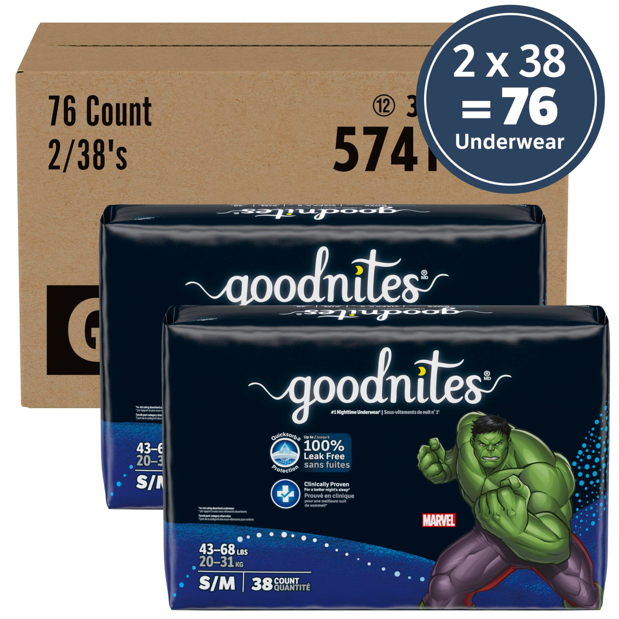 Goodnites Boys' Bedwetting Underwear, Size S/M (43-68 lbs), 76 Ct (2 Packs of 38), Packaging May Vary