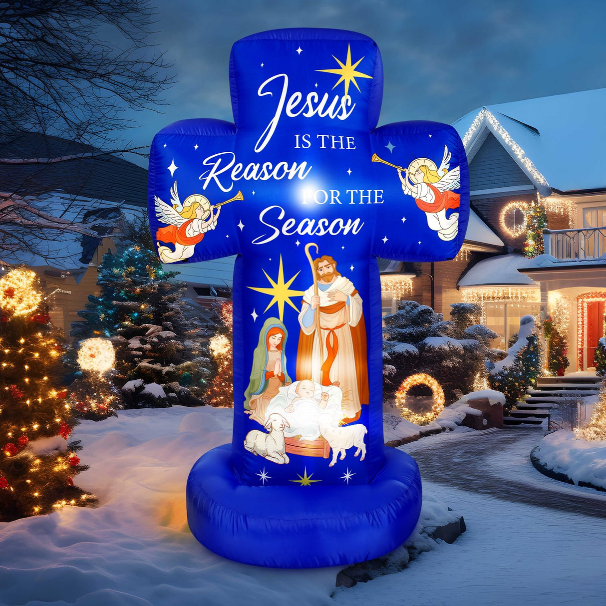 Civaner 6FT Christmas Inflatable Nativity Scene Decoration with Built in LED Lights, Jesus is The Reason for The Season Christmas Holy Nativity Decoration for Xmas Outdoor Yard Garden Lawn