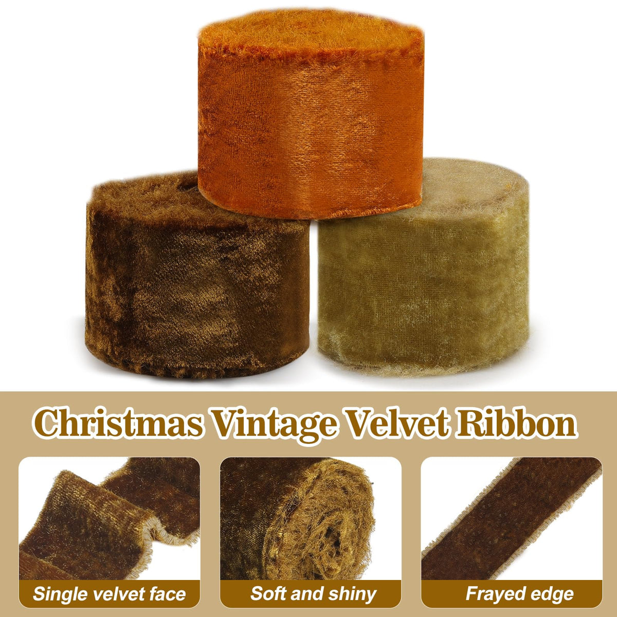 3 Roll Christmas Silk Velvet Vintage Wrapping Ribbon, Raw Edge Fringe Ribbon for Xmas Bow Wreath Wrapping Floral Bouquets - 9 Yards (Apricot, Khaki, Brown, 2'' Width)