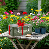 Cinpode Seed Storage Organizer with Lid, Metal Seed Bin Seed Packet Container with 100 Plant Labels 50 Seed Envelopes 50 Plant Clips 1 Marker Pen, 4 Compartments Box with Locks