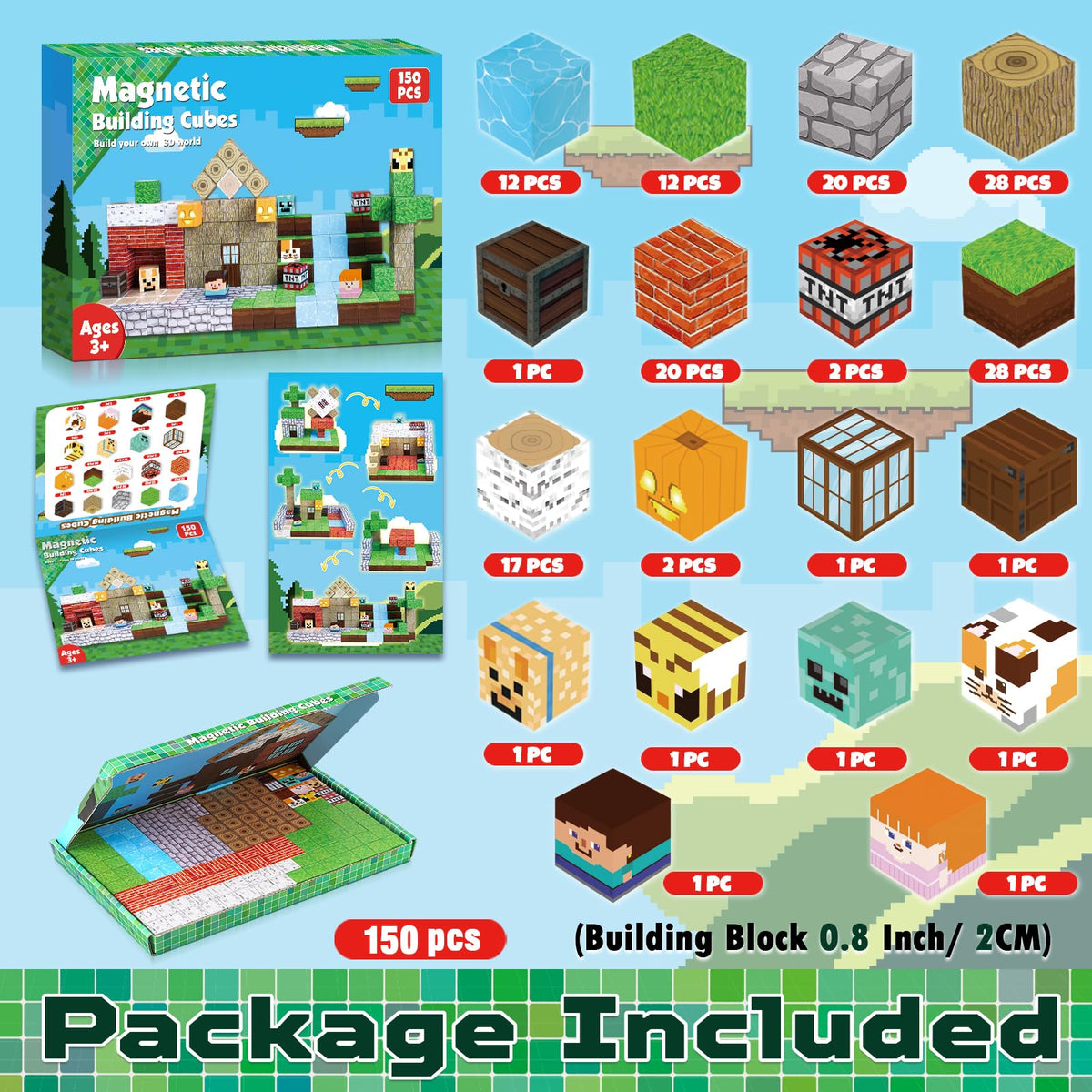 150PCS Magnetic Blocks-Magnetic Building Blocks Magnetic Tiles Stacking, Build Mine Magnet World Set, STEM Montessori Sensory Toys for Toddlers Kids Boys Girls Ages 3-5 6-8 Christmas Birthday Gifts