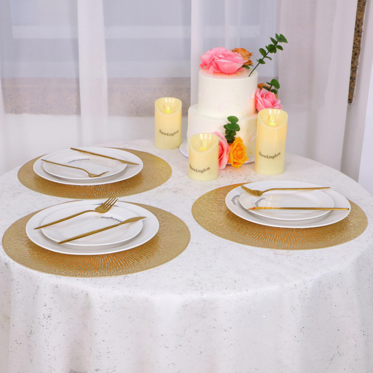 Snowkingdom Round Gold Placemats Set of 12, Gold Vinyl Metallic 15 Inch Round Placemat, Washable Wipeable Hollow Place Mats Non Slip Dining Table Mats for Halloween Wedding Party Christmas Decoration