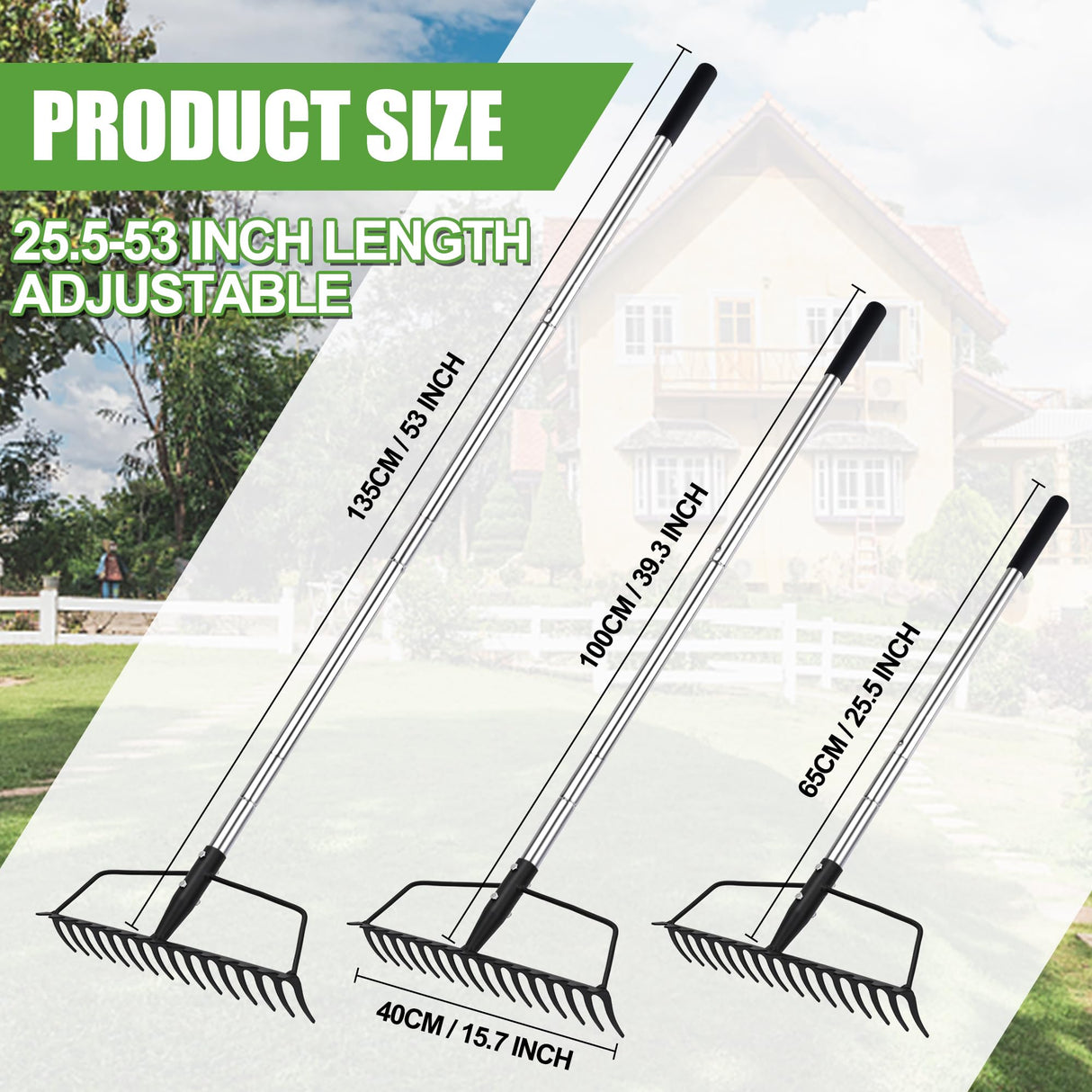 YEELOR Garden Rake, Heavy Duty 16-Tine Bow Rake with Adjustable Stainless Steel Handle, Metal Rake for Yard Work, Loosening Soil, Leveling Mulch, Gathering Leaves