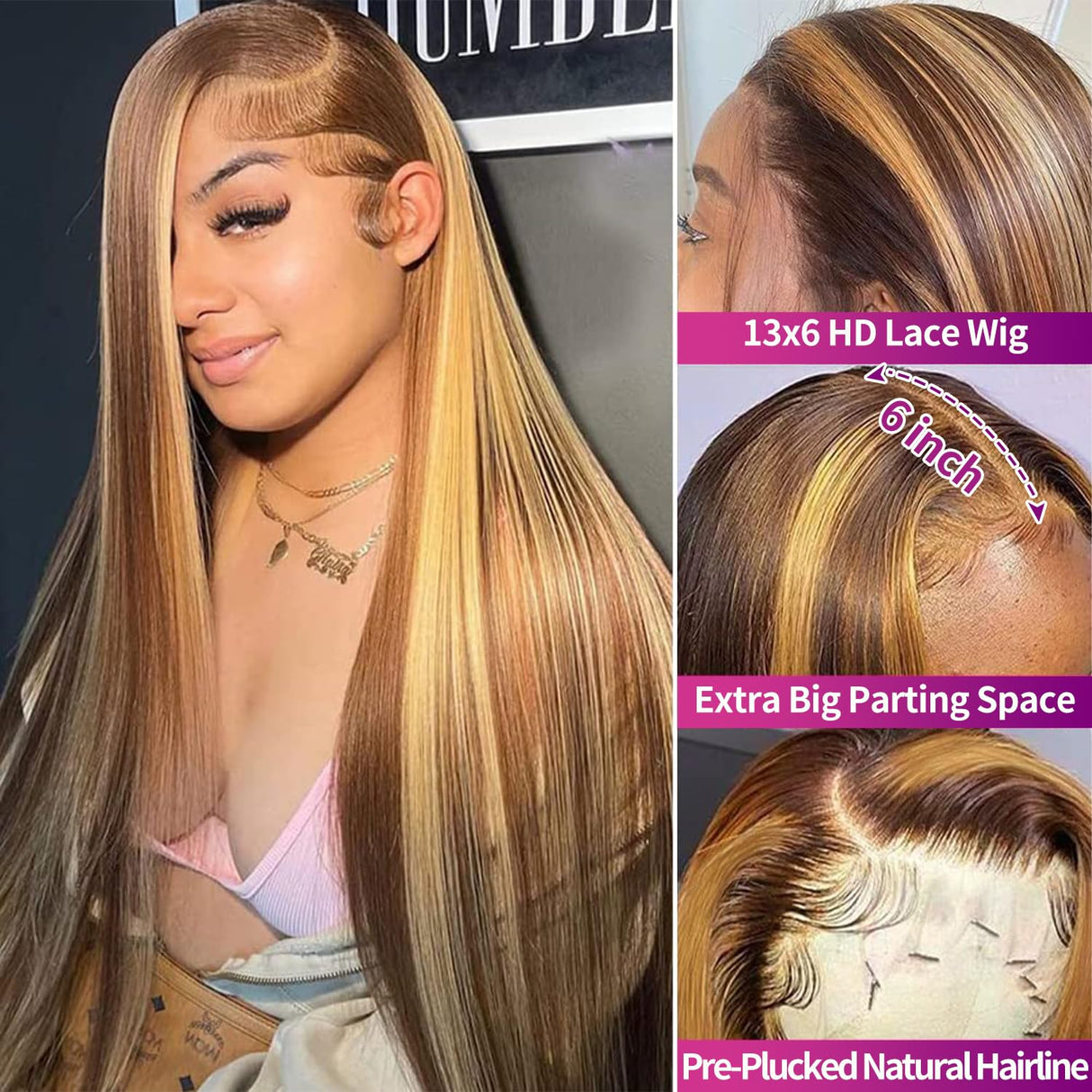 Btomar 30 Inch Ombre Highlight 13x6 Lace Front Wigs Human Hair HD Transparent Straight Lace Front Wigs Human Hair Pre Plucked 180% Density Glueless #4/27 Colored Honey Blonde Wig for Women