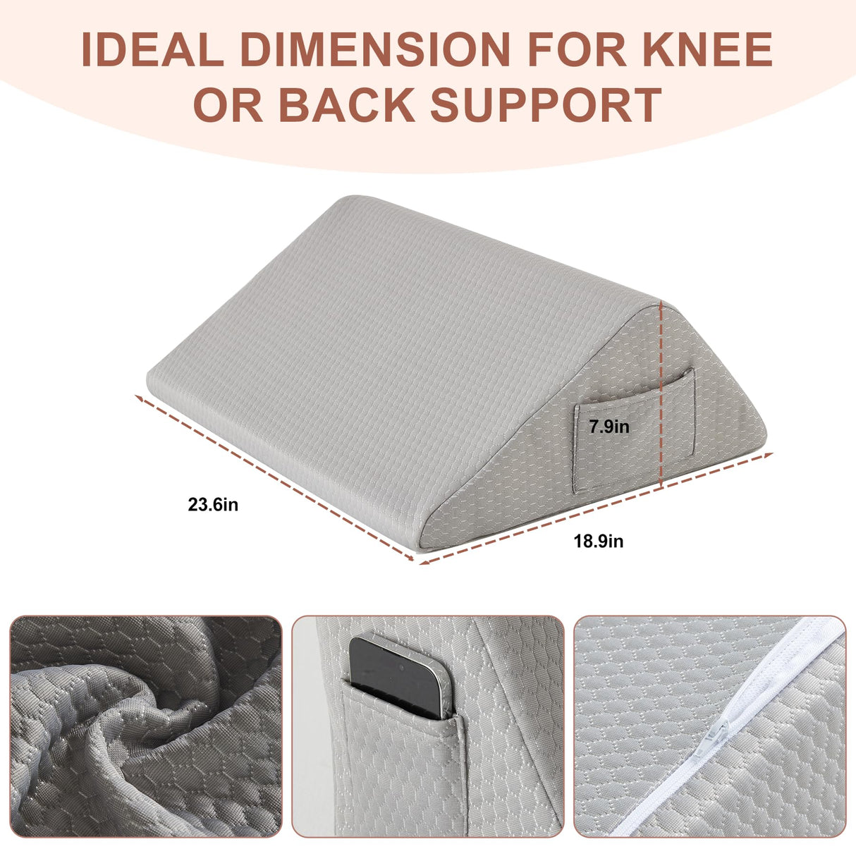 Bedluxe Knee Wedge Pillow, Memory Foam Leg Pillow Knee Pillow for Back Sleeping, Wedge Pillows for Legs Post Surgery, Triangle Pillow for Knee Support, Leg Elevation, Knees Hip Back Pain Relief, Grey