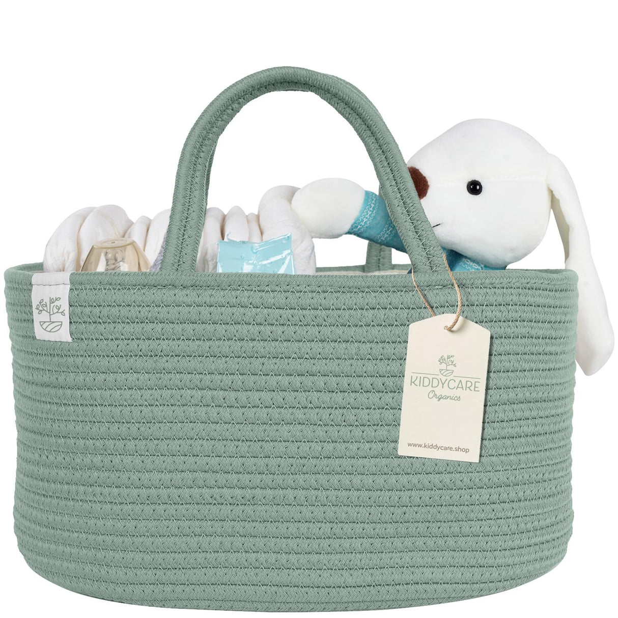 KiddyCare Diaper Caddy Organizer for Baby Nursery Basket with Handle Lid Nursing Caddy with Changing Table Organizer Cart Newborn Caddy Basil Large