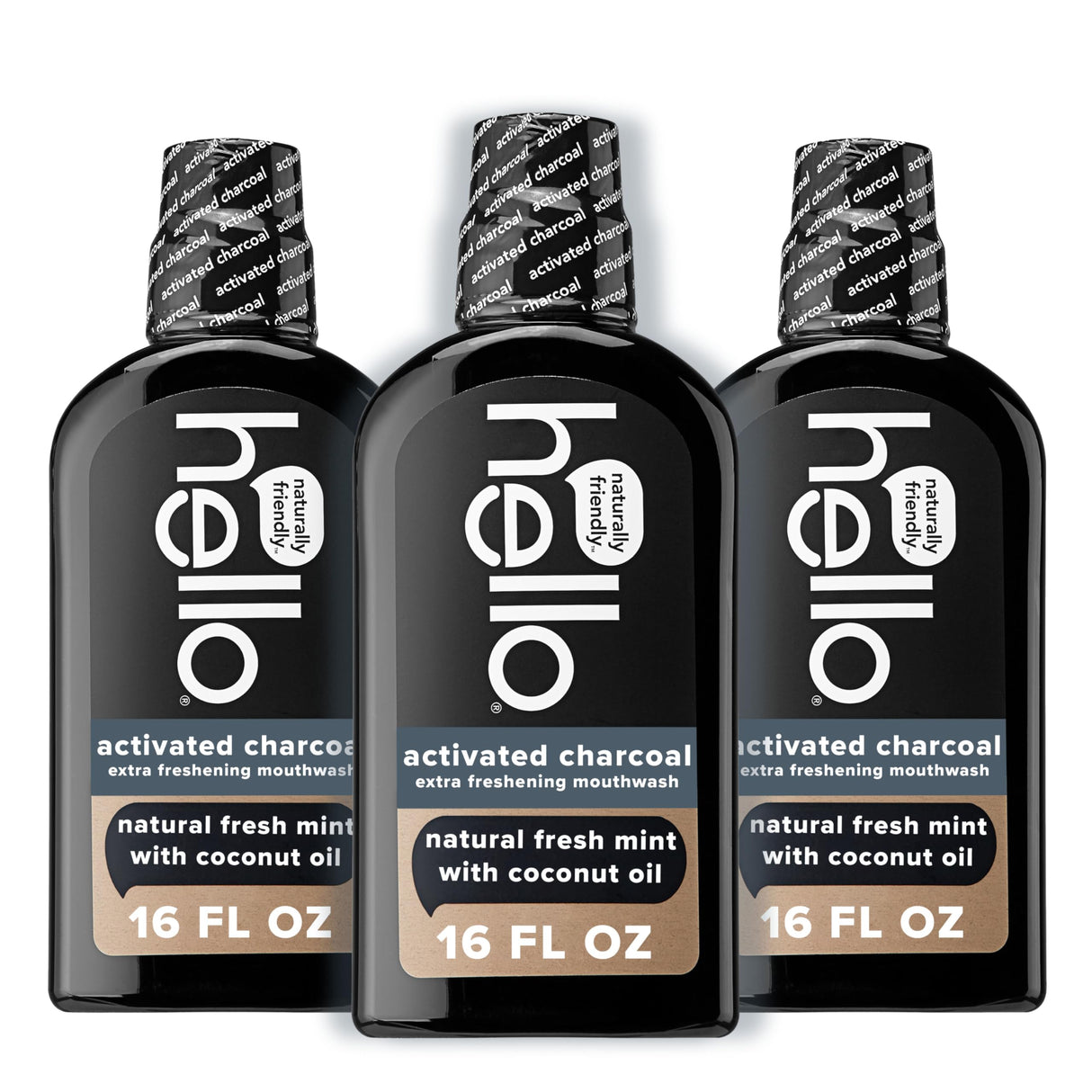 Hello Activated Charcoal Extra Freshening Mouthwash, Natural Fresh Mint and Coconut Oil, Fluoride Free, Alcohol Free, Vegan, SLS Free and Gluten Free, 16 Fl Oz (Pack of 3)