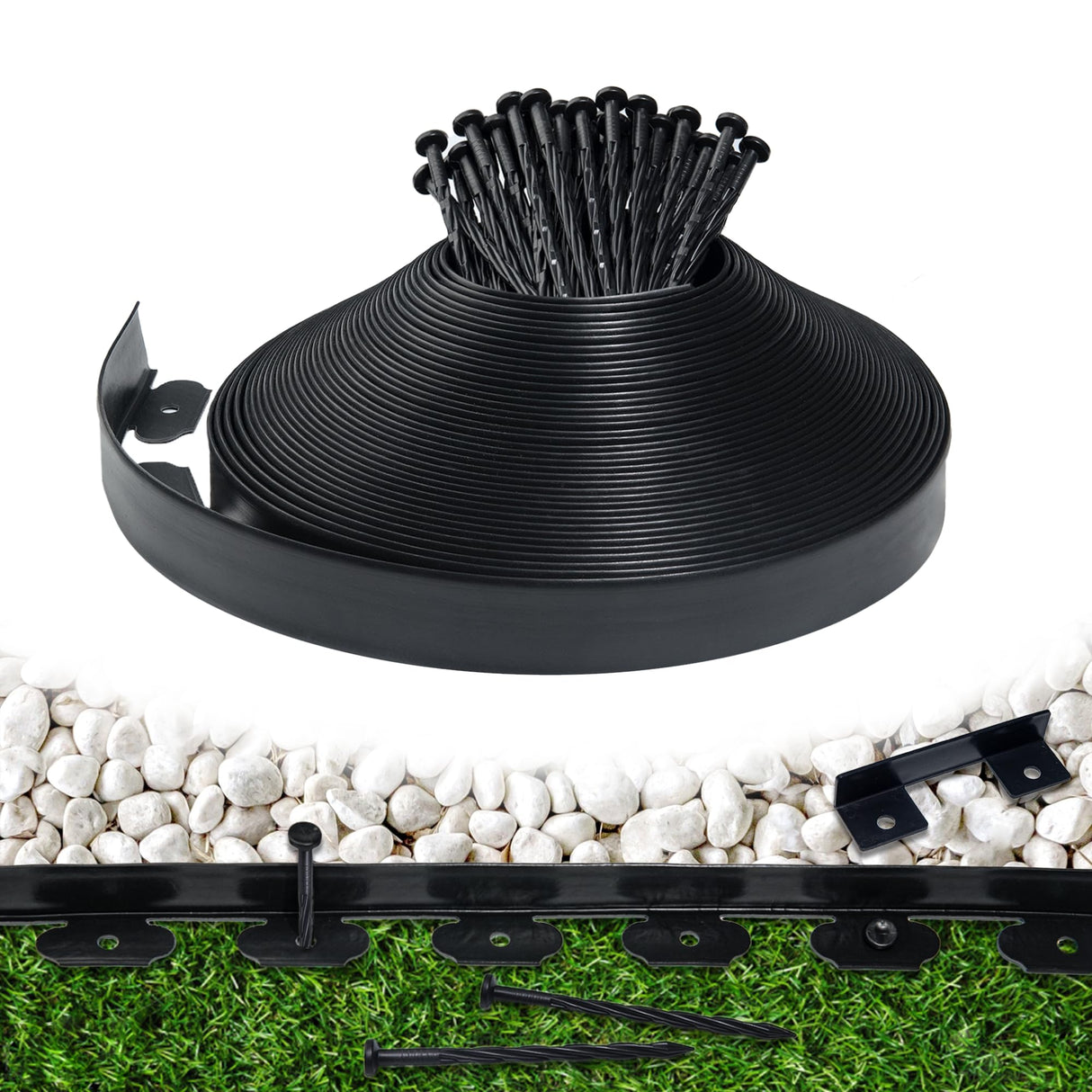 Landscape Edging Border 100 FT 2 Inch Tall with 180 Spikes, Plastic Edging for Landscaping, Garden Edging Border, Flower Bed, Paver and Lawn Edging Border, Black