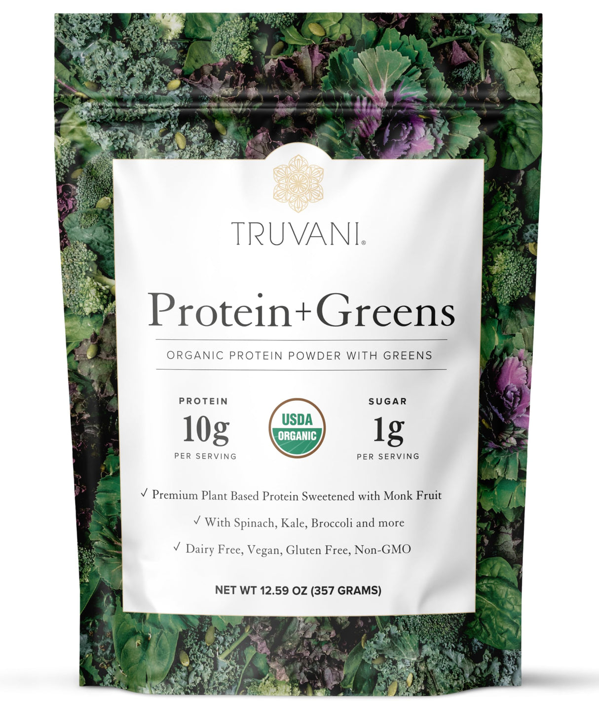 Truvani Protein + Greens Supplement | Spinach, Kale & Broccoli | 10g Organic Plant Based Protein | 20 Servings | USDA Organic | Gluten & Dairy Free | Vegan | No Added Sugar
