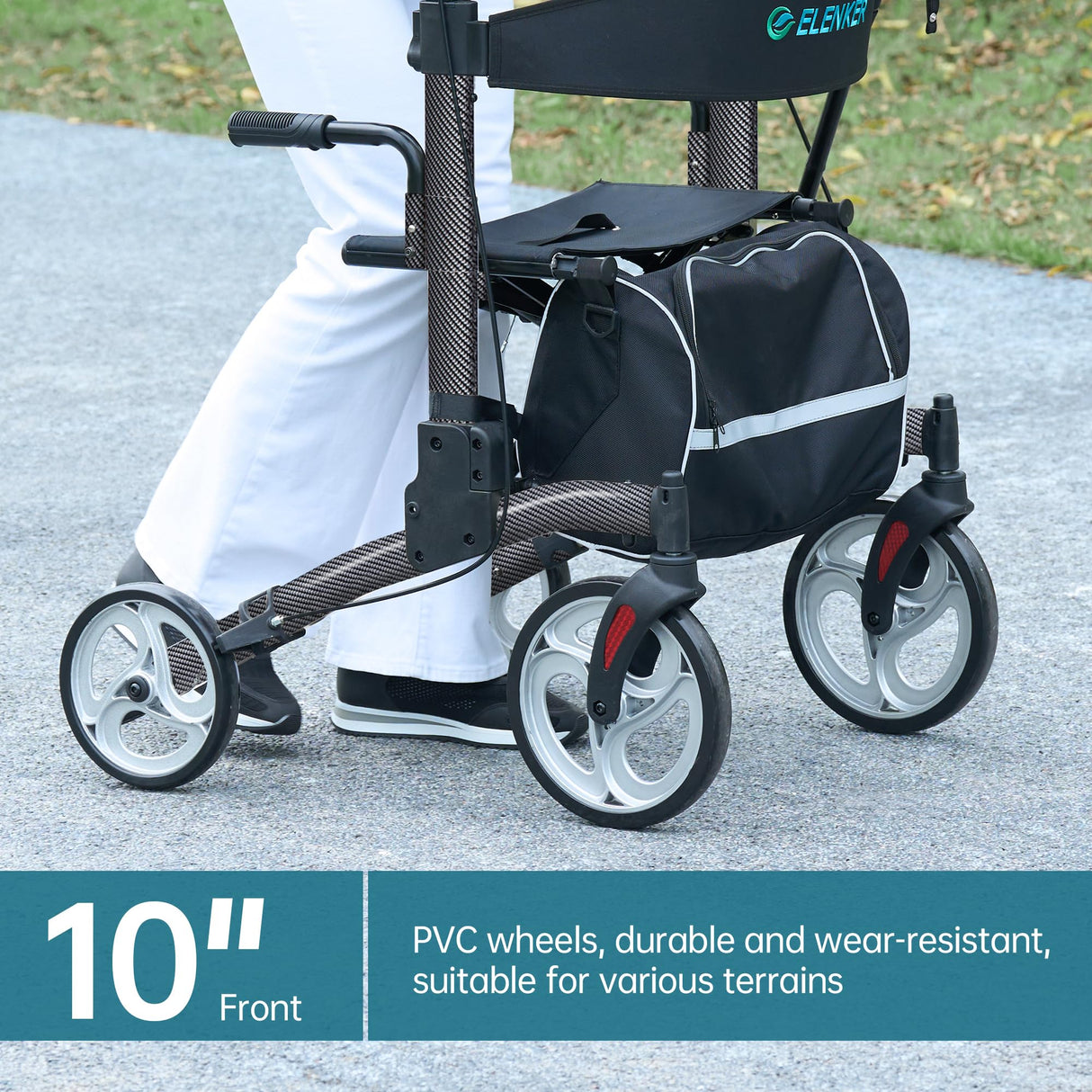 ELENKER Upright Walker, Stand Up Folding Rollator Walker with 10” Front Wheels Backrest Seat and Padded Armrest for Seniors(Carbon Fiber Black)
