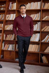 COOFANDY Men's Soft Quarter Zip Sweater Casual Long Sleeve Pullover Sweaters Wine Red Christmas Sweater