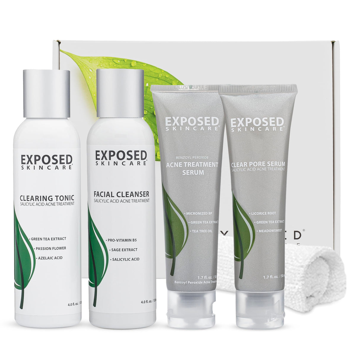 Exposed Skin Care Basic Acne Treatment Kit - Includes Salicylic Acid Face Wash, Clearing Tonic, Acne Treatment Serum with Benzoyl Peroxide, Clear Pore Serum - Acne Set Solution for All Skin Types