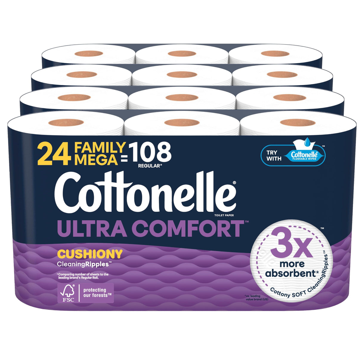 Cottonelle Ultra Comfort Toilet Paper with Cushiony CleaningRipples Texture, Strong Bath Tissue, 24 Family Mega Rolls = 108 Regular Rolls (4 Packs of 6)