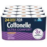 Cottonelle Ultra Comfort Toilet Paper with Cushiony CleaningRipples Texture, Strong Bath Tissue, 24 Family Mega Rolls = 108 Regular Rolls (4 Packs of 6)