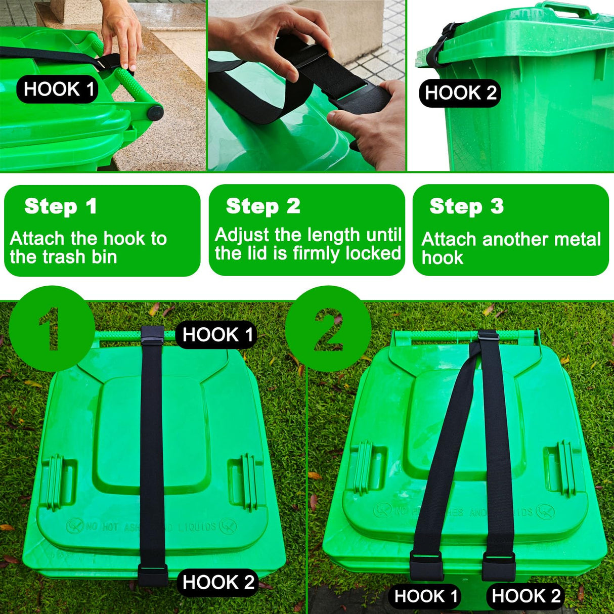 Metal Double Claw Trash Can Locks Strap for Raccoon Animals,Universal for 28-96 Gallons Trash Can Lid Lock,Black 2Pcs Adjustable Anti-rust Coating Garbage Can Bungee Cord Belt Rope Outdoor,Hook-on