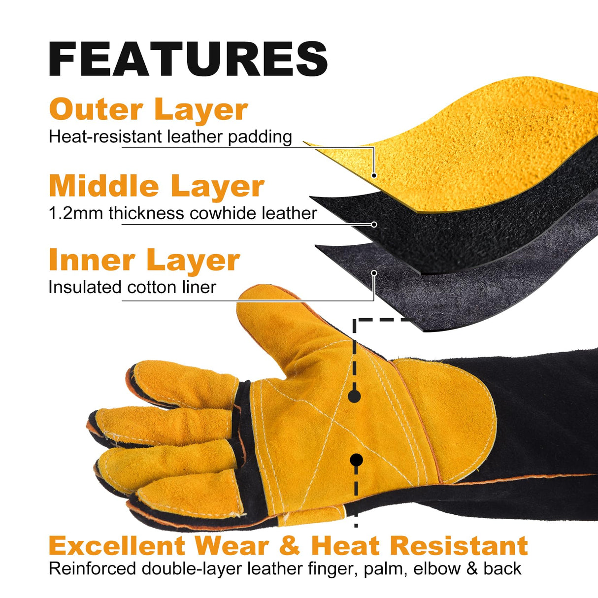 TOPDC Welding Gloves 16 Inches 932℉ Fire/Heat Resistant Leather Welding Gloves For Mig, Tig, Stick, Forge, BBQ, Grill, Fireplace, Wood Stove, Furnace, Oven, Animal Handling for Safe, Loving Pet Care