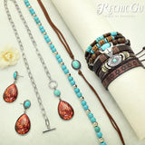 RechicGu Western Jewelry For Women Bohemian Turquoise Dangle Earrings Necklace Bracelet Set, Bullhead Pendant Layered Choker Boho Faux Leather Wristband Country Concert Cowgirl Accessories Cactus E