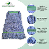 Super Clean Planet Heavy Duty Mop Head Refill (3-Pack) – Industrial Blue Cotton, Looped-End Wet Mop Heads for General, Commercial, Janitorial & Floor Cleaning