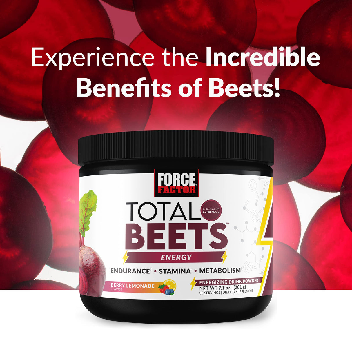 Force Factor Total Beets Energy Drink Mix, Superfood Beet Root Powder with Nitrates to Boost Energy and Support Circulation, Blood Flow, Nitric Oxide and Stamina, Heart Health Supplement, 30 Servings