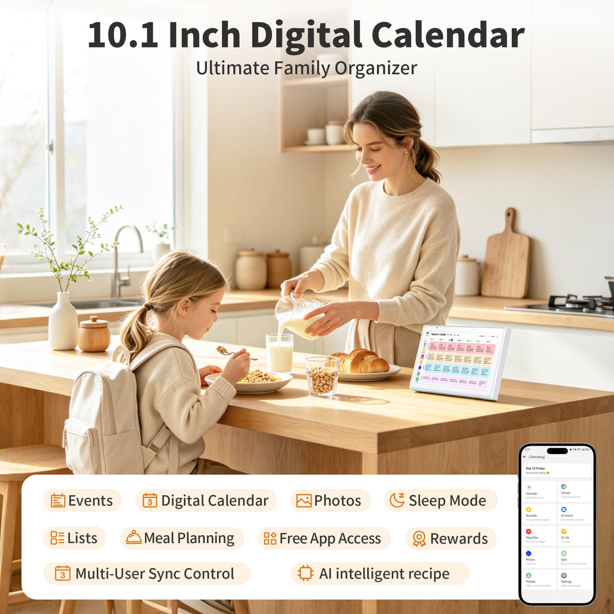 Smart Digital Calendar 10.1 Inch, Electronic Family Calendar Planner with Touchscreen, Shared Chore Chart, Meal Planner, To Do List & Schedule Board, WiFi Digital Family Command Center, Photo Frame