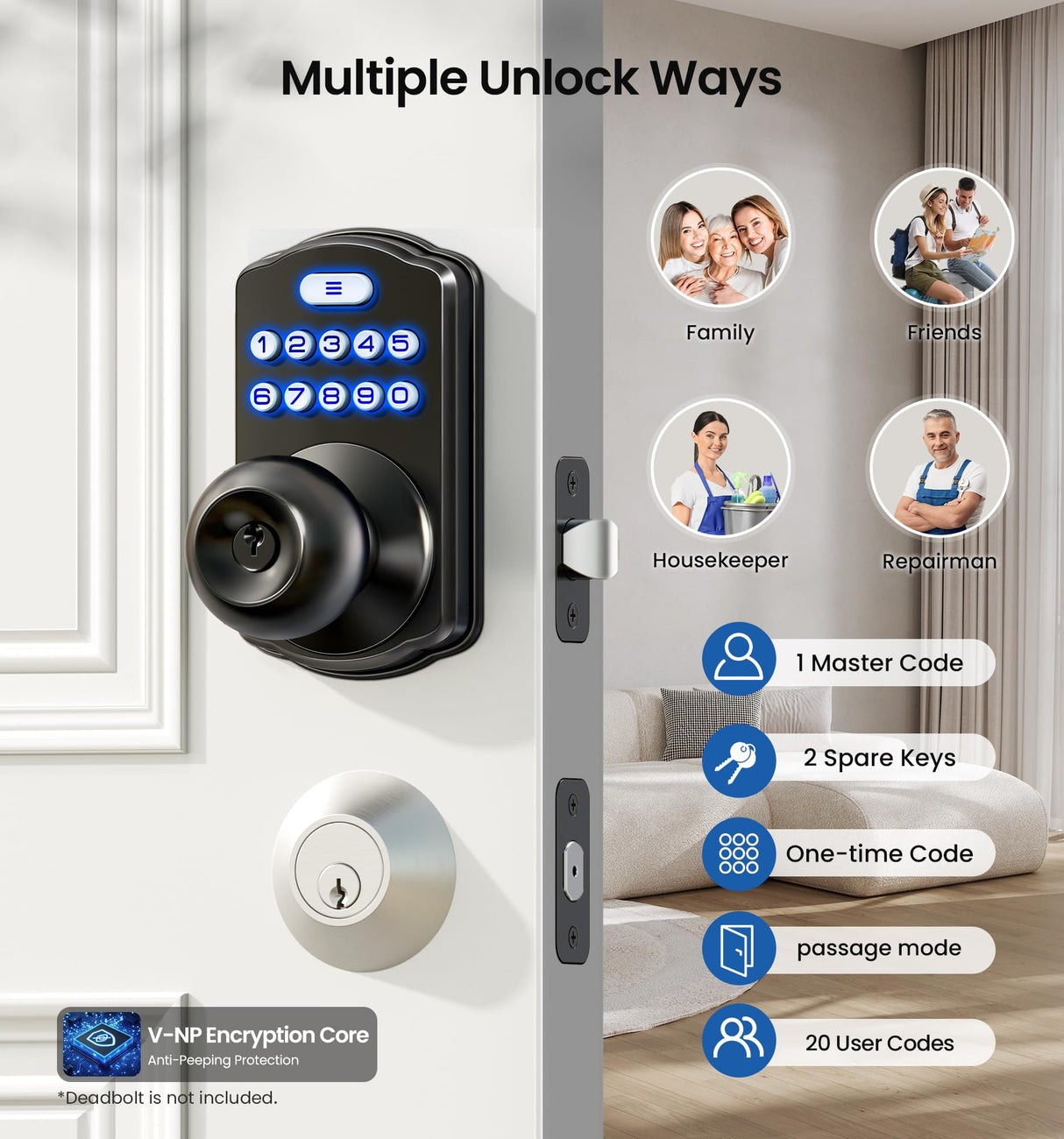 Veise Keypad Door Knob Lock, Keyless Entry Digital Lock with Handle, Electronic Smart Knob for Front Door & Bedroom, Easy Install, Auto Lock, Passage Mode, Anti-Peeping Password, Matte Black
