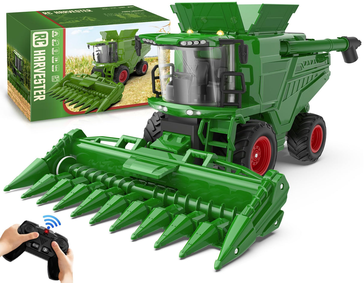 Remote Control Combine Harvester Tractor Toy with Corn Head, RC Tractor Toys for Kids 3+, Light/Spray/Sound/1/24 Scale, Farm Toy Combine Harvester for Kids, Christmas Birthday Gift 2025