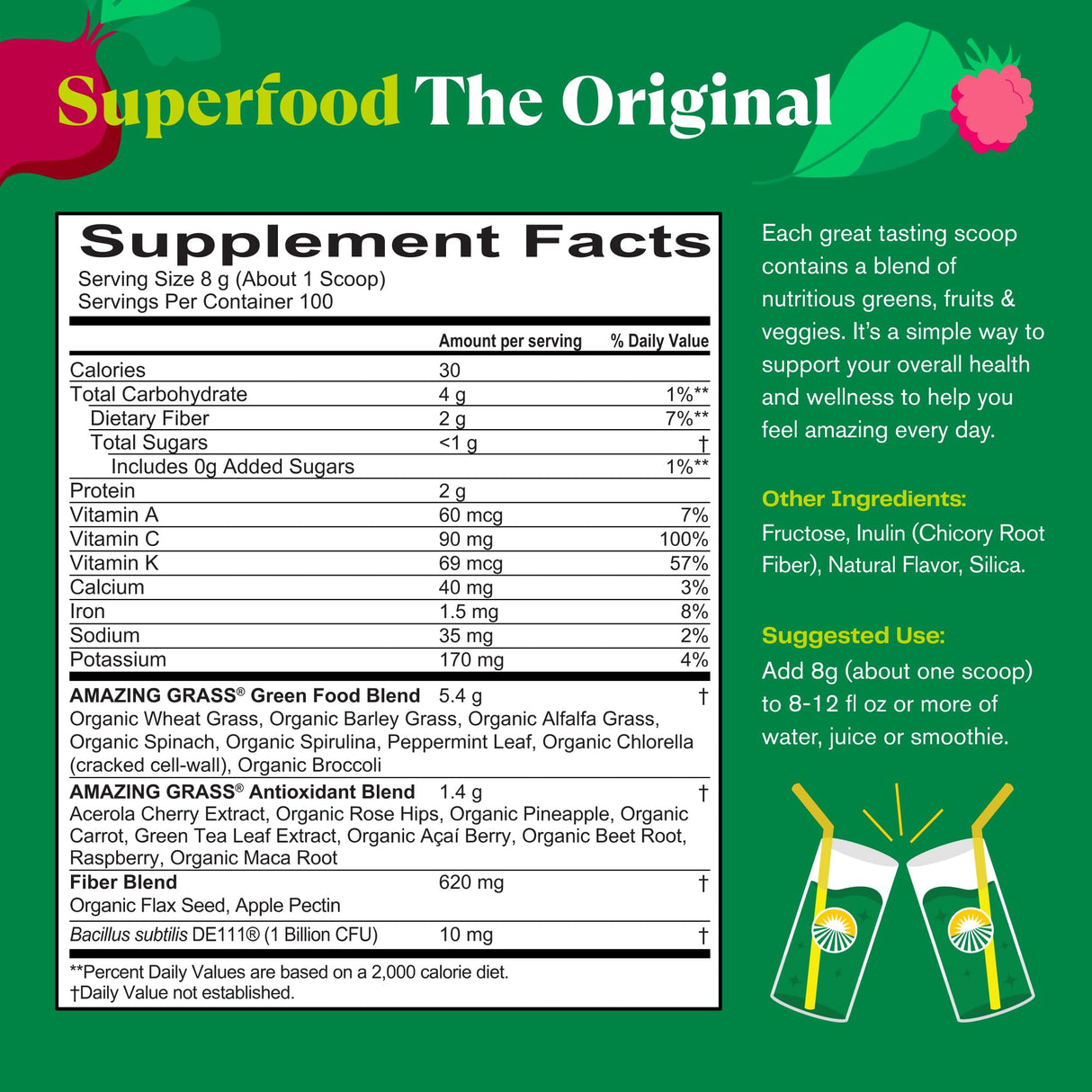 Amazing Grass Greens Blend Superfood: Super Greens Powder with Spirulina, Alfalfa, Beet Root Powder, Digestive Enzymes, Prebiotics & Probiotics, Original, 100 Servings (Packaging May Vary)