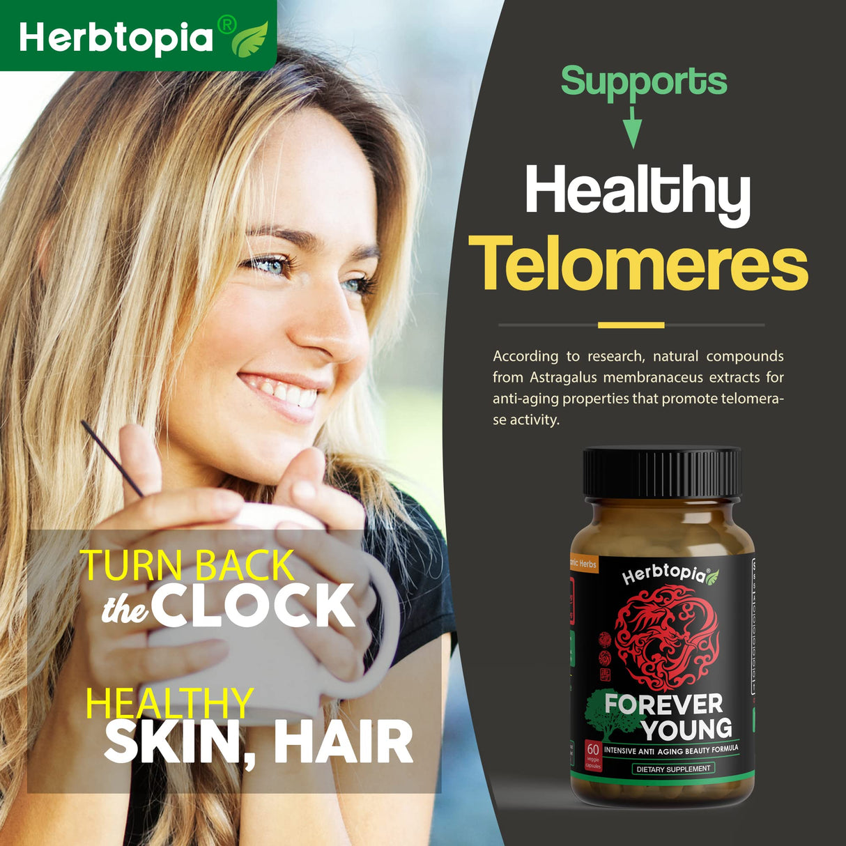 Herbtopia Forever Young Longevity Supplement for Immunity, Anti Gray Hair, Telomere Lengthening & Happy Mood w/Ginseng, Astragalus, Lions Mane, Reishi Mushroom, Codonopsis | Organic - 60 Caps