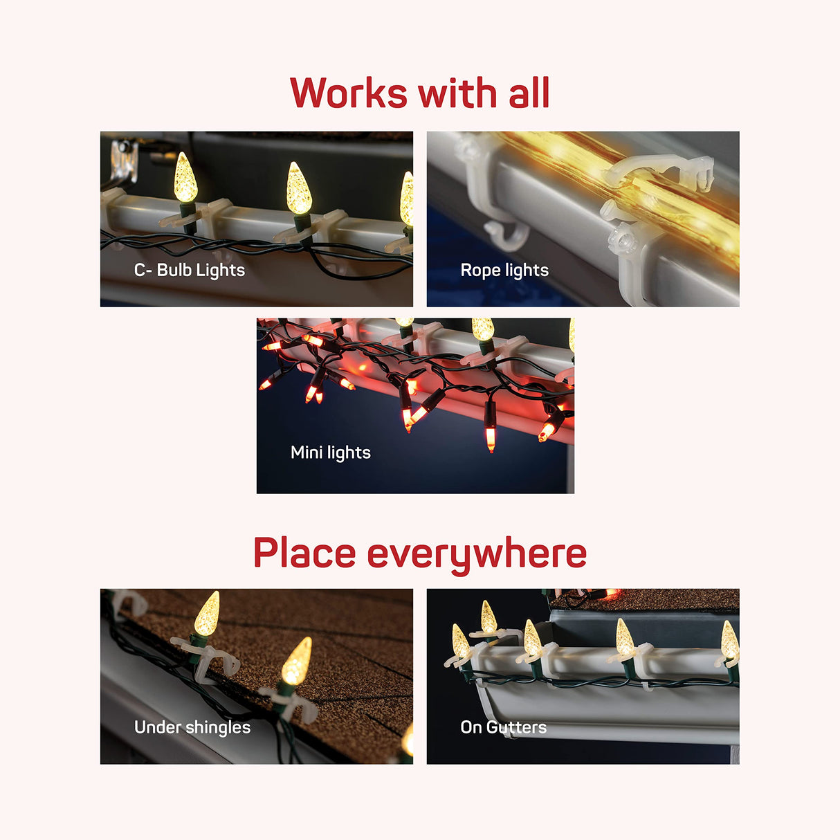 All-Purpose Holiday Light Clips [Set of 600] Christmas Light Clips, Outdoor Light Clips - Mount to Shingles & gutters - Works with Mini, C6, C7, C9, Rope, Icicle Lights - No Tools Required - USA Made