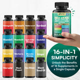 Parrox Sea Moss, Black Seed Oil, Ashwagandha, Turmeric, Chlorophyll, Dandelion, Ginger, Vitamin D3, Black Pepper, Elderberry, ACV, Yellow Dock, Burdock Root, Manuka, Vitamin C, Bladderwrack (60 Caps)