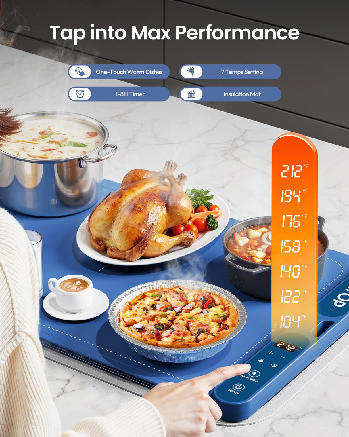 Gaiatop Food Warming Mat, Fast-Heating Silicone Electric Warming Tray with Heat Insulating Pad, 7-Level Temp 8h Timer Food Warmer Mat, Portable Heating Mat for Countertop Gatherings Party Home, Blue