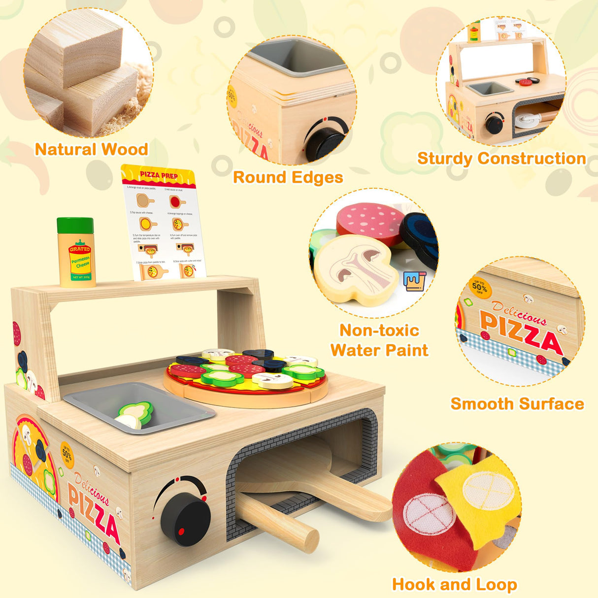 WOODMAM Wooden Pizza Toy - 48 PCS Montessori Pretend Play Food for Ages 3+, Educational Learning Toy Wooden Playset with Bake Oven, Christmas Birthday Gift for 3 4 5 6 Year Old