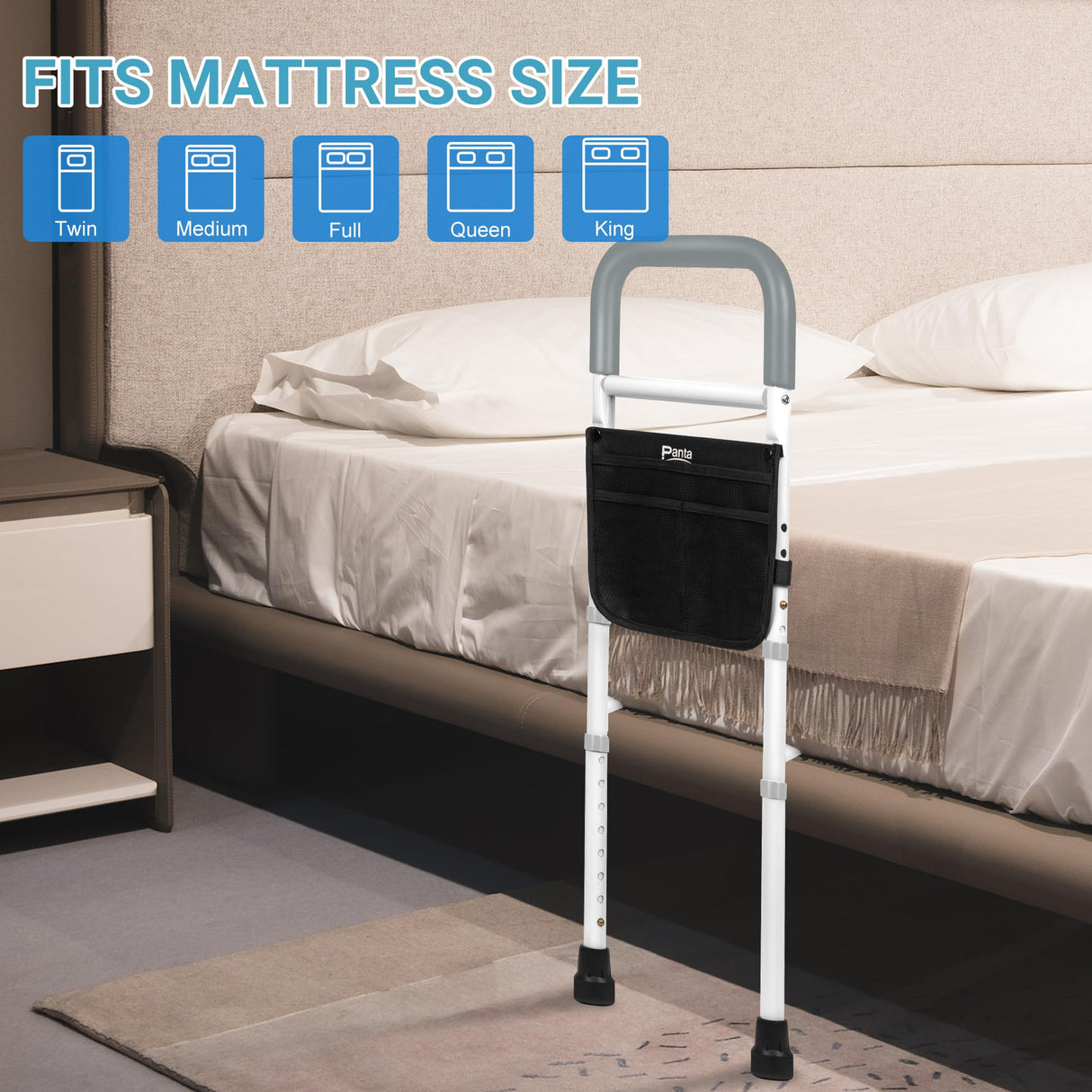 Panta Bed Rails for Elderly Adults Safety, Adjustable Bed Assist Rails for Seniors, Bed Side Rails with Support Legs and Storage Pocket, Portable Bed Cane Fit King, Queen, Full, Twin Bed, Grey