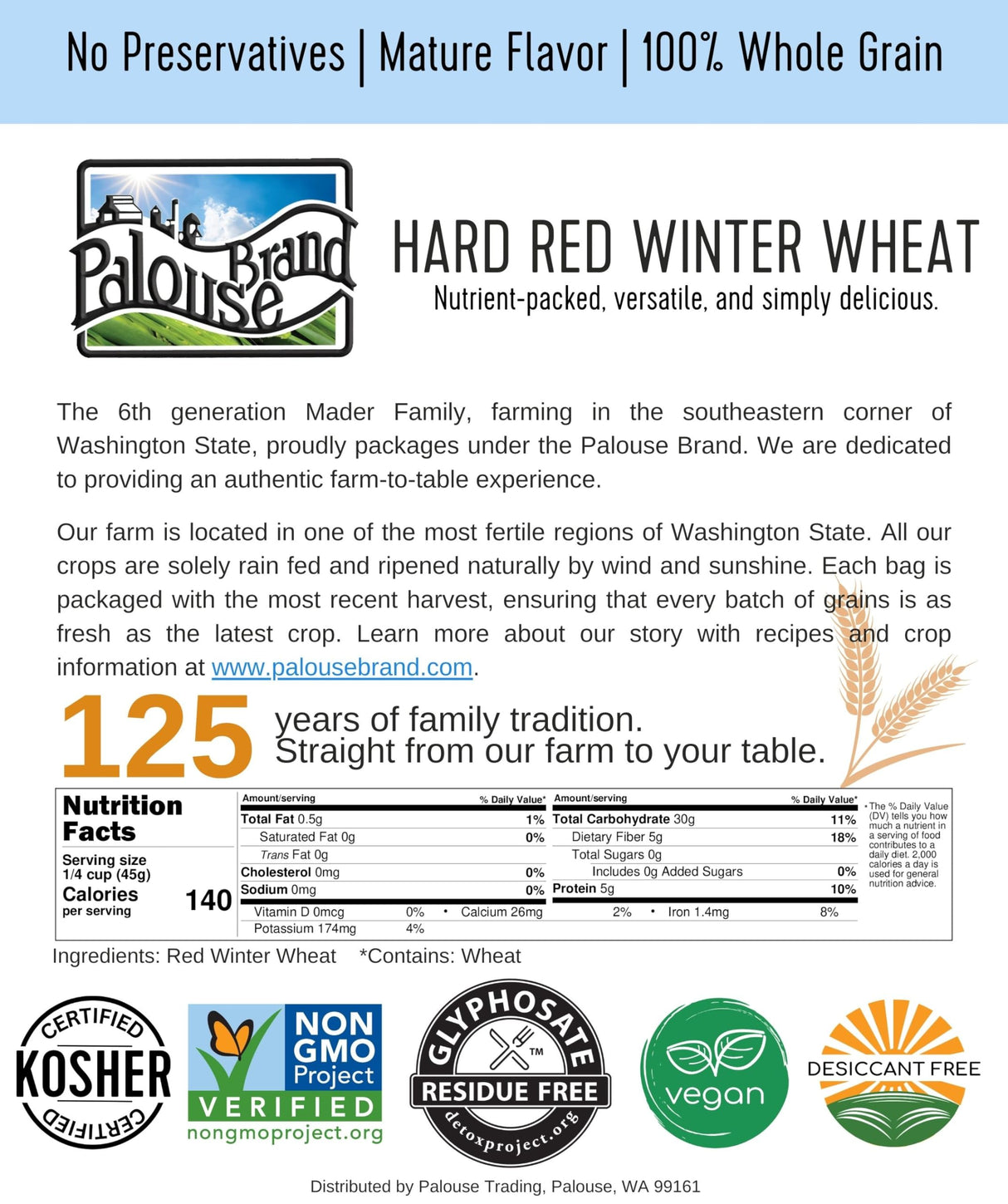 Certified Glyphosate Residue Free Hard Red Winter Wheat Berries | 10 LBS | Family Farmed in Washington State | Non-GMO Project Verified | 100% Non-Irradiated | Certified Kosher Parve | Field Traced | Burlap Bag