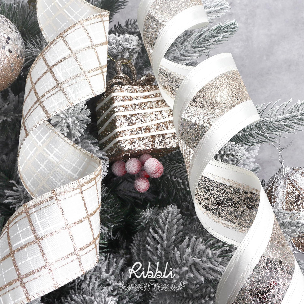 Ribbli Christmas Ribbon Wired Champagne Gold Christmas Tree Ribbon Snowflake Glitter Wired Ribbons for Crafts Gift Wrapping Wreaths Garland Home Decor -2.5 Inchx6 Rolls Total 36Yard