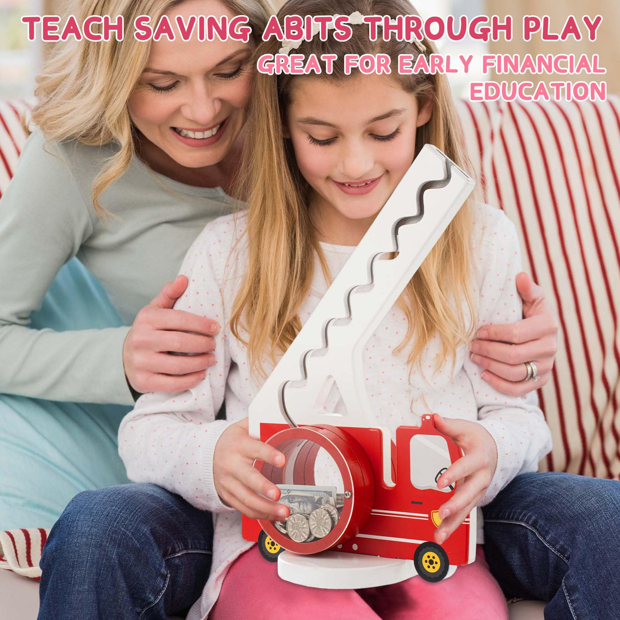 AORCMITN Wooden Fire Truck Piggy Bank for Boys Kids Girls Clear Big Belly Animal Coin Bank for Toddler Birthday Christmas Real Money Toy