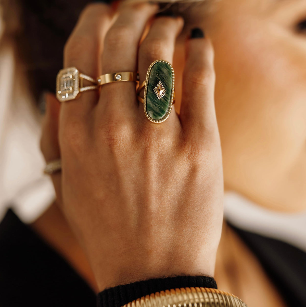 Dikixe Western Chunky Gold Natural Lapis Lazuli/African Jade Statement Ring