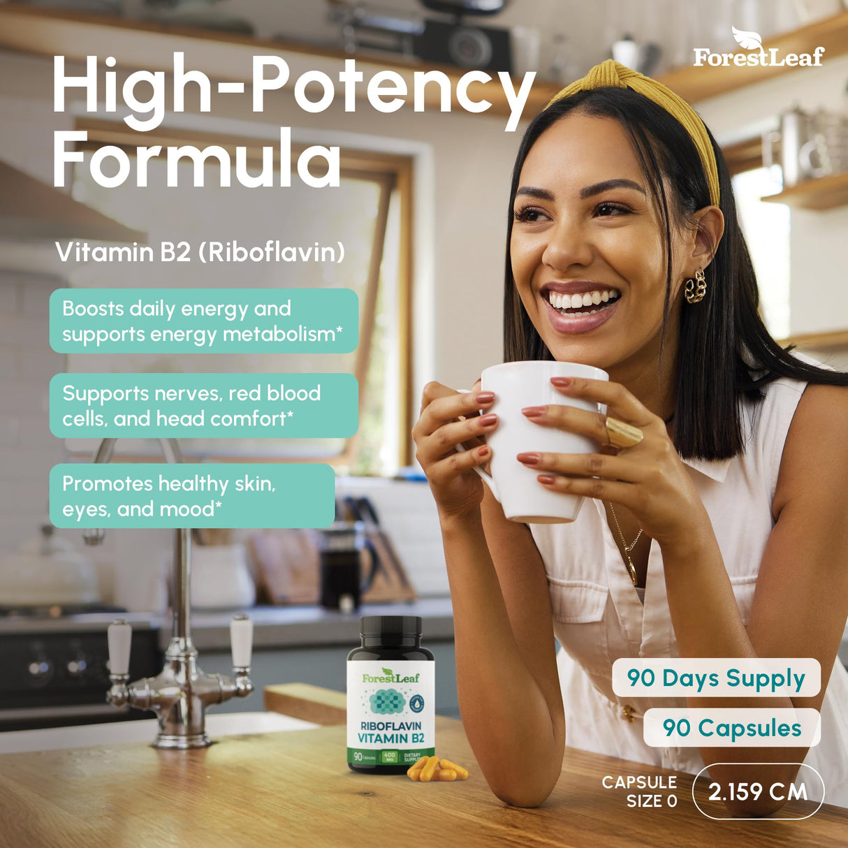 ForestLeaf Vitamin B2 Riboflavin 400mg - Energy, Skin & Cellular Health Supplement - Nervous System Support - Vitamin B 2 VIT B - Non-GMO & Gluten Free - B2 Vitamin 400mg Vegetable Capsules, 90 Count