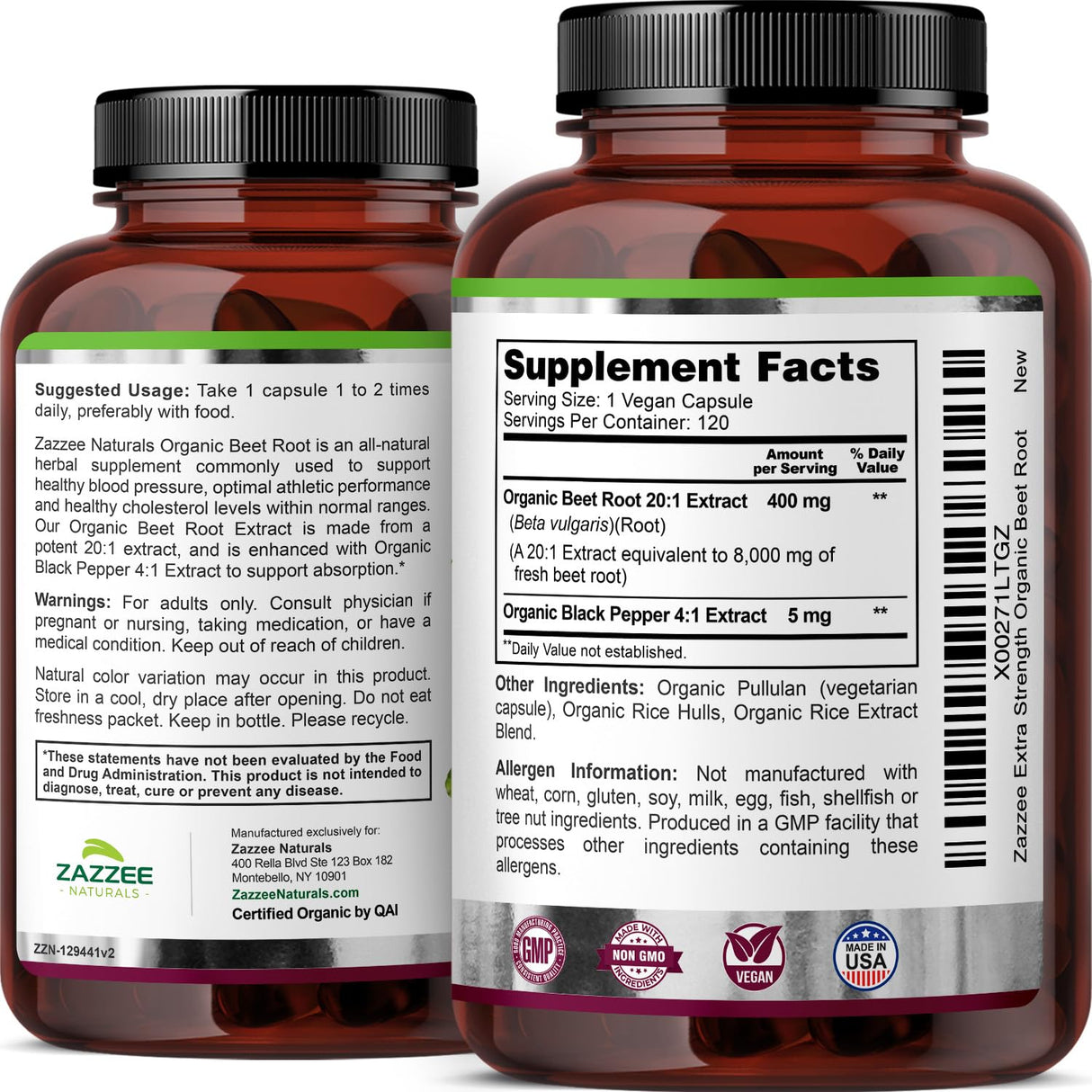 Zazzee USDA Organic Beet Root 8000 mg Strength 20:1 Extract, 120 Vegan Quick Release Capsules, Black Pepper Extract for Enhanced Absorption, Supports Nitric Oxide Production, Non-GMO, Made in The USA