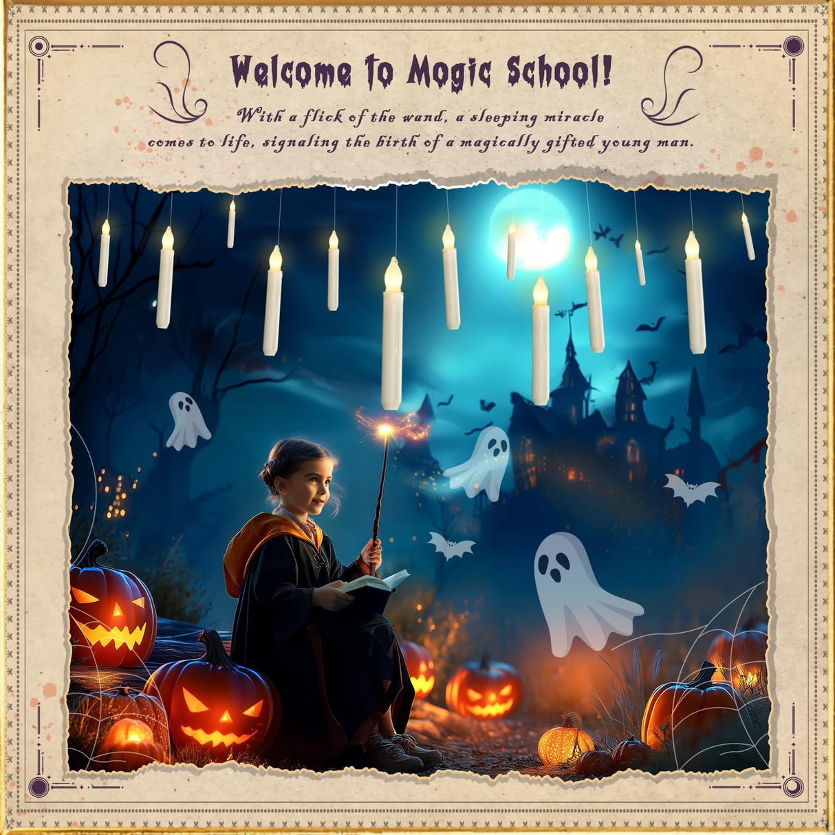 Homemory Hanging 20 Pcs Floating Candles with 2 Wand Remote and String, Flying Flameless LED Taper Candles Warm White Light, Battery Operated Window Candle for Halloween Christmas Party